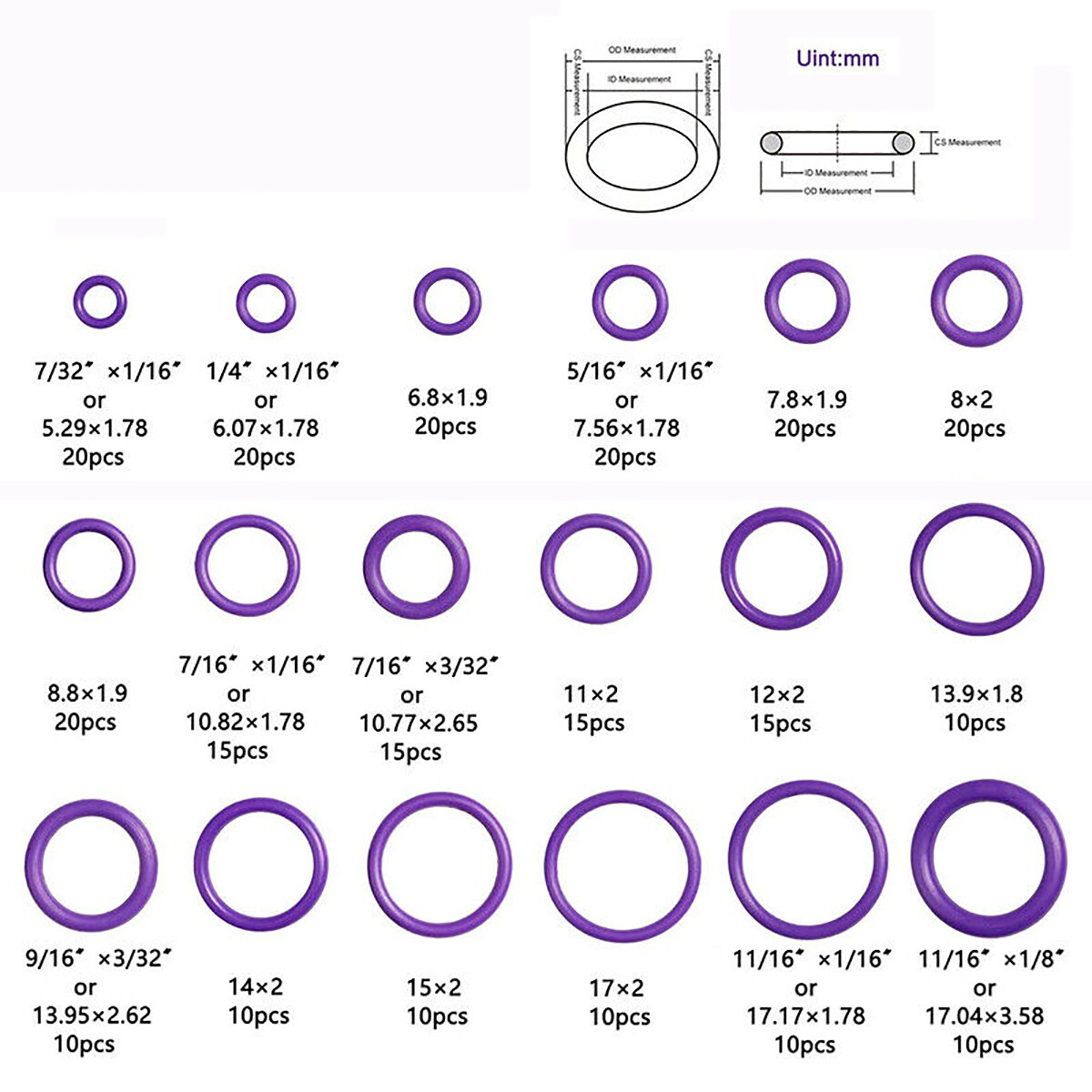 270x Rubber Seal O-Ring Washer Assortment Kit For Hydraulics Air Gas Oil Purple