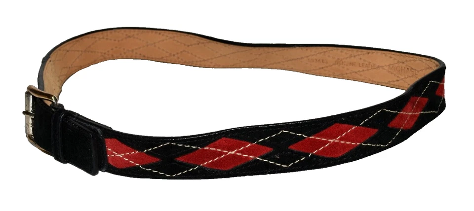 Michael Kors Black and Red Suede Leather Argyle Design Belt Size M Fits 33-35 - Image 3 of 4