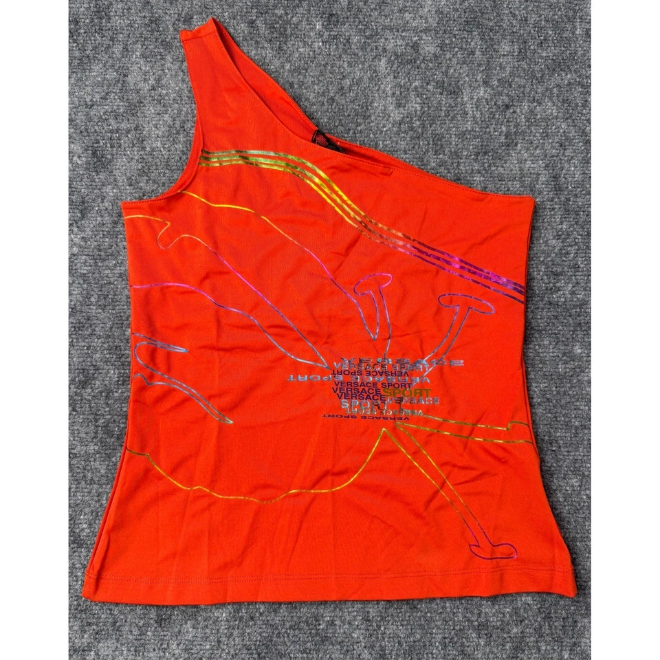 Camiseta sin mangas Versace Sport naranja vintage con un hombro estampado gráfico metálico talla S Foto 3 de 4