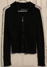 Authentic Awesome DKNY Jeans Full Zip Black Sweater White Logo Sleeves Medium