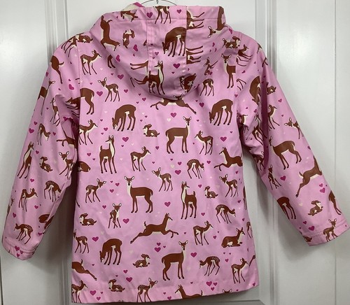 Hatley Girl's Pink Raincoat Size 7 Hearts Deer Bambi Hooded Lined Snaps - Picture 2 of 5