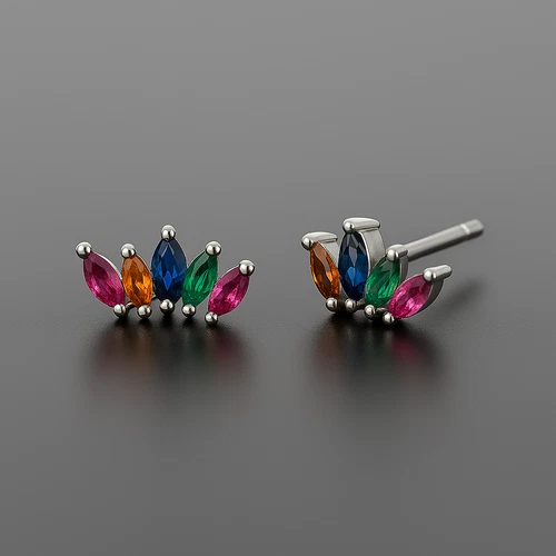 925 Sterling Silver 1.6x3.5mm Multicolor Sapphire 3/8'' Small Earrings Gemstone - Picture 1 of 3