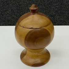 Vintage Hand Turned Two-Tone Segmented Wood Lidded Pedestal Bowl Trinket Box