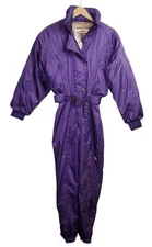 Vtg 80s Descente Ski Suit Women's Sz 8 Snowsuit One Piece Purple Hooded Belted