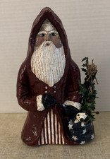 VTG Wood Handcarved Red Robed Santa Greens Bag W/Toy Signed/Dated READ