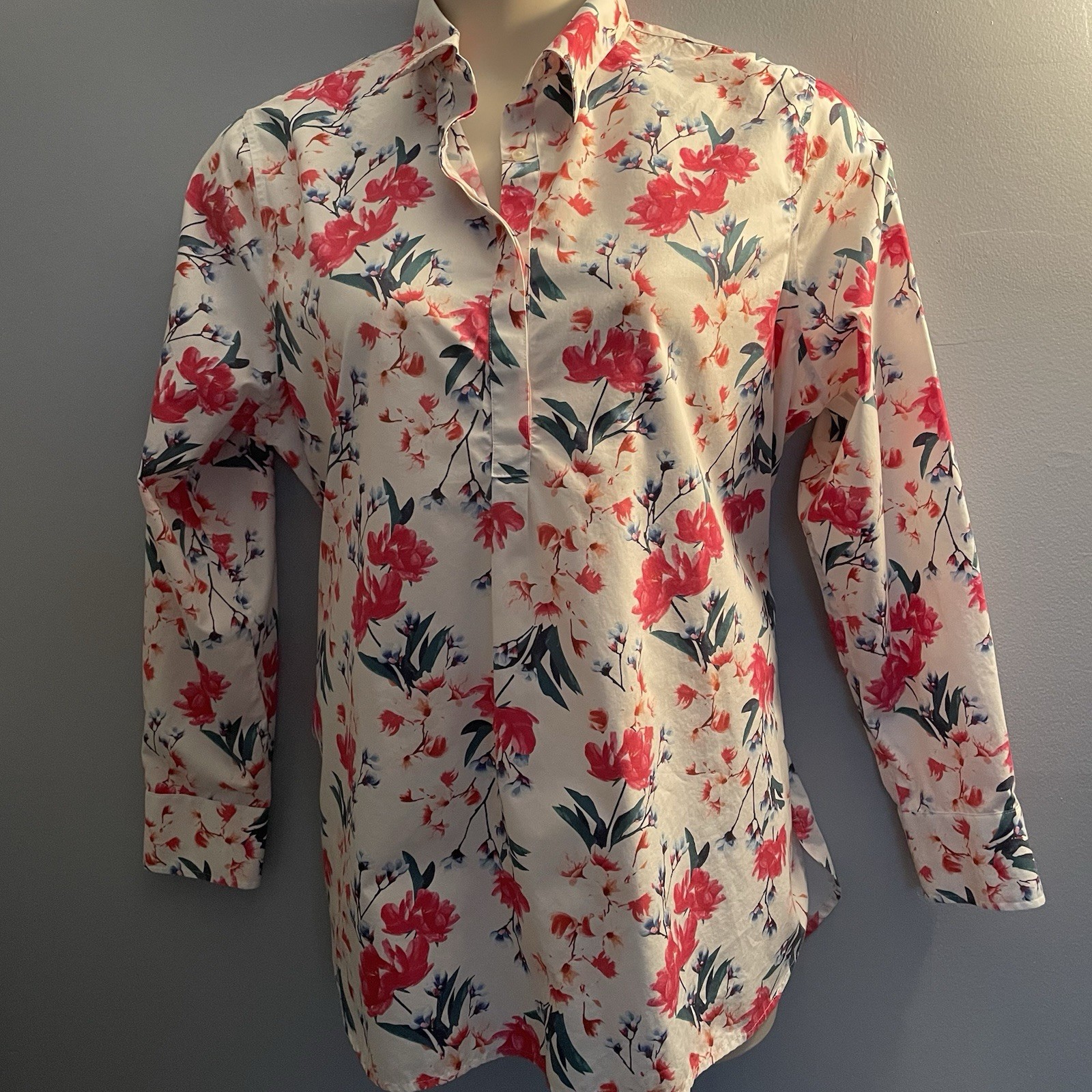 LANDS END Sz 18 No-Iron Supima Cotton White Pink Floral Print  Shirt Tunic