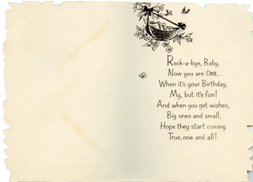 Vintage Geburtstag Grußkarte ein Jahr alt Rock-a-Bye blaue Vögel Glitzer um 1940 - Bild 3 von 3