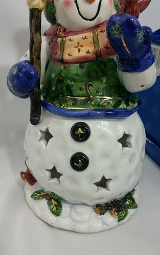 Snowman Tealight Candle Holder Ceramic Blue Large 11" Box Holiday Christmas - Picture 6 of 11
