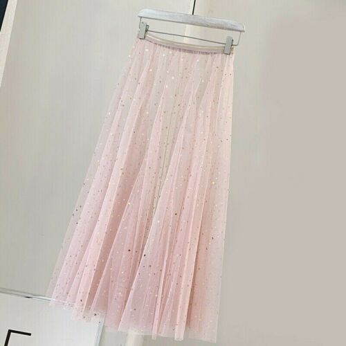 Women Sequin Lace Skirt Pleated Mesh Underskirt Sheer See Through Glitter - Zdjęcie 1 z 16