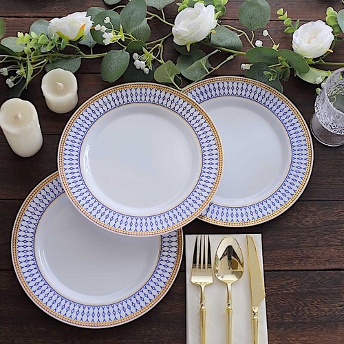 10 WHITE 9" Round Plastic Salad PLATES NAVY BLUE Chord Rim Party Decorations - 第 3/8 張圖片