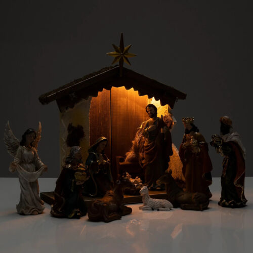 LUMIDA Xmas Weihnachts-Krippe Holz & Polyresin inkl. Beleuchtung 11tlg., 36x16x3 - Bild 4 von 5