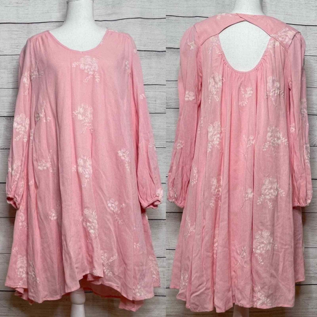 Altar'd State Light Pink Embroidered Long Sleeve Shift Dress M