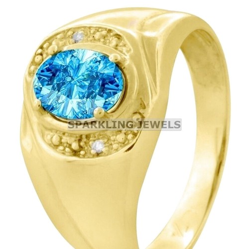Flawless Blue Topaz Oval Cut With 925 Silver Gold Plated Ring For Men #B414 # - Picture 2 of 6