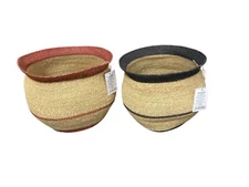 10"x14" Black Round Seagrass Woven Decorative Storage Basket Jungalow Home Decor