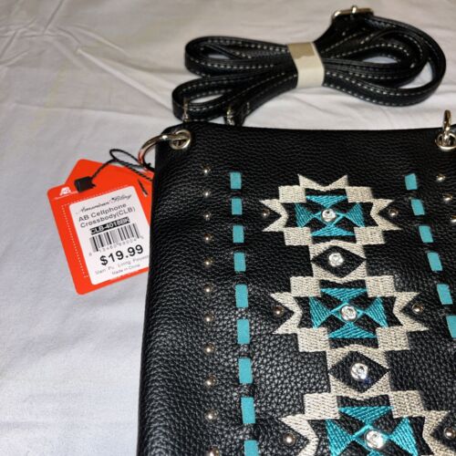 American Bling Western Crossbody Bag Black Turquoise Studded. Cell Pocket NWT - Picture 3 of 5