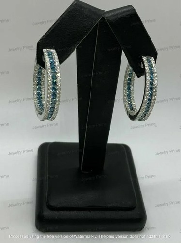 2.50Ct Round Cut Simulated Blue Topaz Hoop Earrings 14K White Gold Plated Silver - Picture 4 of 4