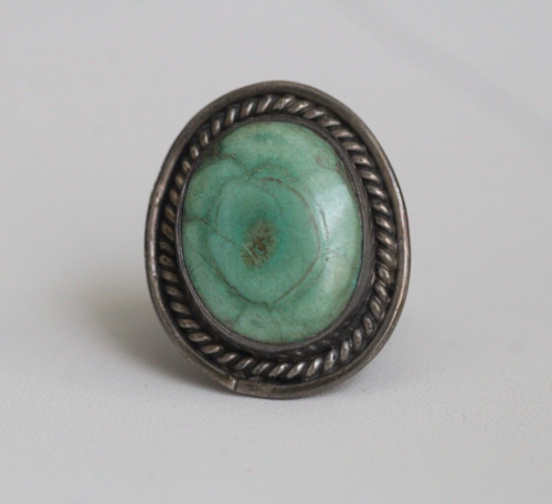 Vintage Sterling Silver Turquoise Southwestern Style Rope Border Ring Size 7.25 - Picture 1 of 8