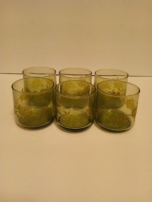 Set of 6 Vintage Retro Green Glass Embossed Yellow Floral Drinking Glasses  8 oz | eBay