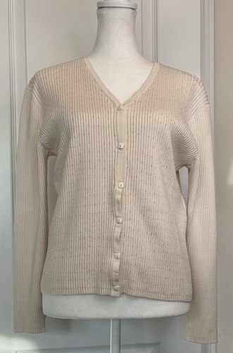 KATE HILL Womens Silk Cardigan Petite M Button Up Sequin Accent Cottagecore Boho