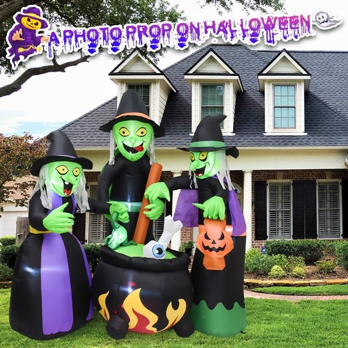 5.9FT Halloween Inflatable Three Witch Around Cauldron LED Flashing Yard Decor - Picture 7 of 7