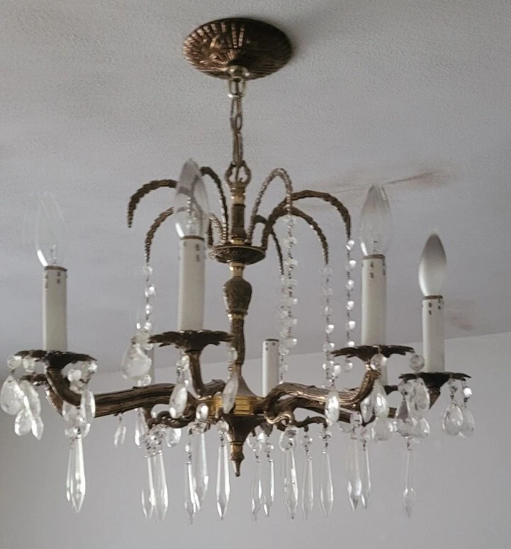 Old Spanish Brass Crystal Glass ? Chandelier 8 Arm Large Vintage Estate  find