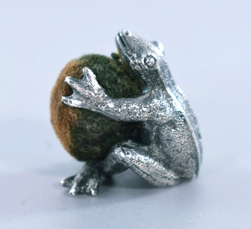 ANTIQUE SILVER FROG PIN CUSHION c1900