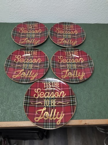222 fifth Jolly Plaid Red Salad Plate Lot Of 5 Tis The Season To Be Jolly Plates - Picture 8 of 11