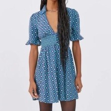 Urban Outfitters Blue Teal Retro Style Mini Dress Short Sleeve Size S