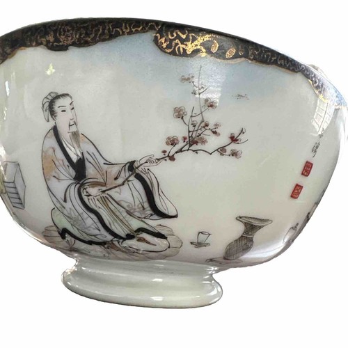Meiji Period Kutani Rice Bowl Japanese porcelain artist signed depicts scholars - Picture 7 of 17
