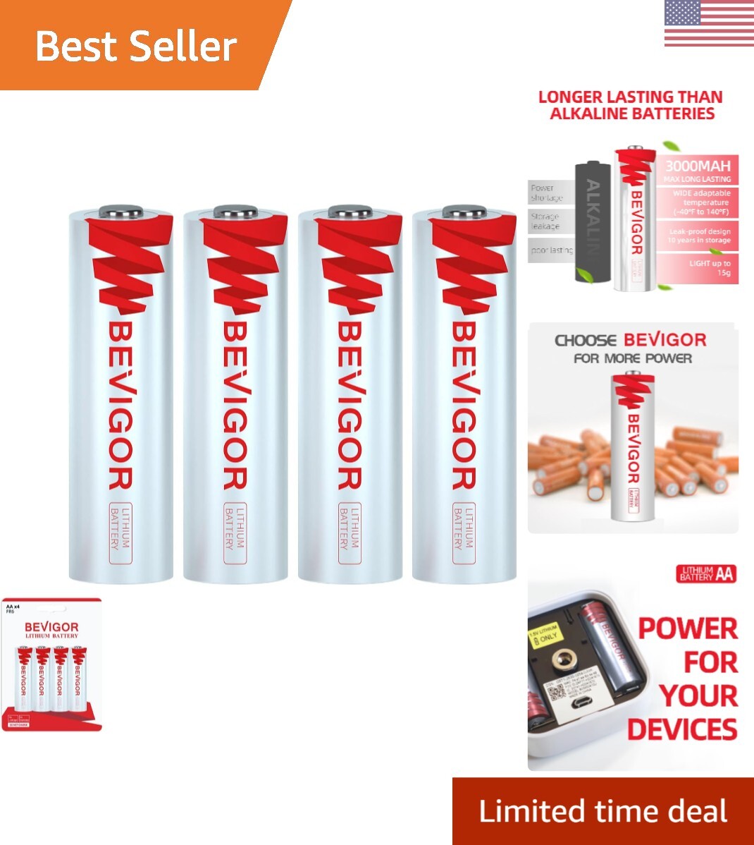 Lithium AA Batteries 4 Pack, Long Lasting 1.5V 3000mAh AA Battery, 20-Year Sh...-image