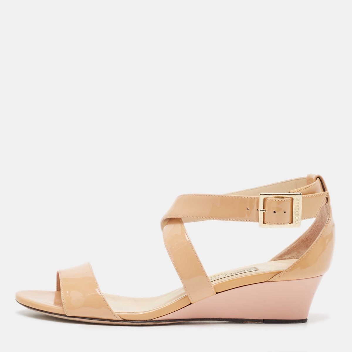 Jimmy Choo Beige Patent Leather Chiara Wedge Sandals Size 37 Jimmy Choo Beige Patent Leather Chiara Wedge Sandals Size 37