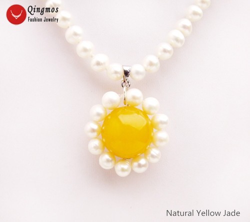 6mm Natural White Pearl 18mm Yellow Jade Pendant Necklace for Women Chokers 18" - Picture 2 of 6