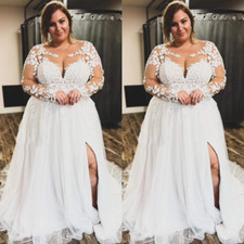 Plus Size Wedding Dresses Long Sleeves With Silt Lace Appliques Bridal Gowns