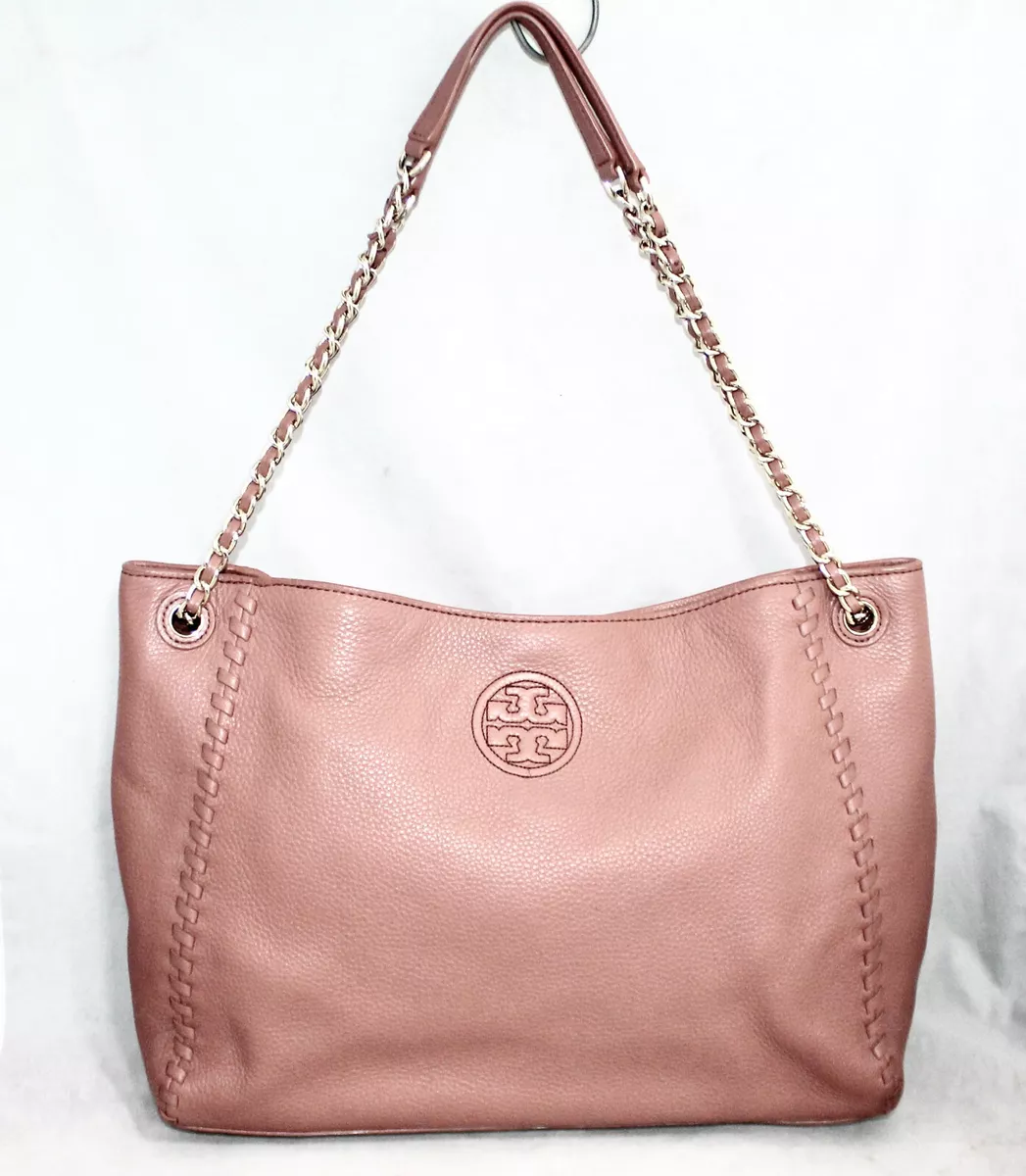 TORY BURCH Marion Tan Leather Center Zip Chain Tote Shoulder Bag Whip Stitch