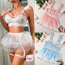 Women Sexy Lace Garter Lingerie Bra Sheer Skirt Nightwear Babydoll Sleepwear Set