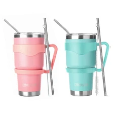 30 oz 2 Pack Stainless Steel Tumbler w/ Lids, Handle & Straws Travel Coffee Mug