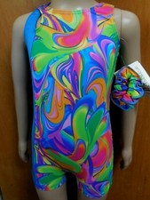 NWT Print Biketard shorty unitard Gymnastics Swirl Girls sizes Fun strap detail