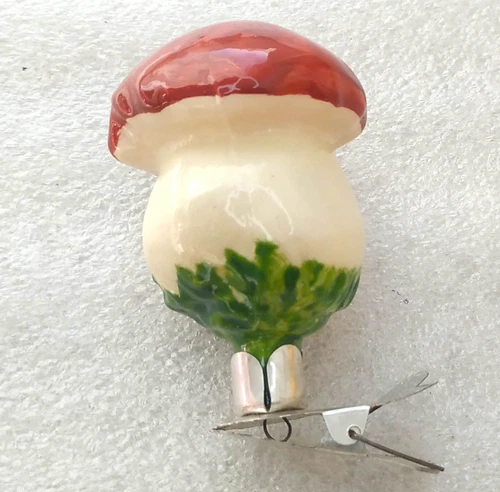 Antique Soviet Glass Mushroom Clip-On Ornament White Inside Paint Xmas Decor