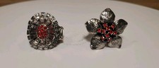 2 Fashion Rings Stretch Band Silver and Red Sparkly Stones - Fits Size 6 And Up.