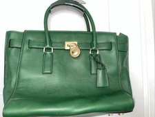 Michael Kors Emerald Green Leather Handbag With Gold Lock Detail.