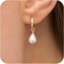 Gold Pearl Dangle Earrings for Women, 14K Gold Plated Small Pearl Drop Huggie Ho