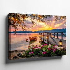 Sunset Lake Canvas Wall Art with Pier Boat Lanterns Flowers & String Lights