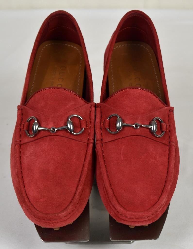 NEW GUCCI Red Suede Silver Tone Horsebit Moccasin LOAFERS  display picture 1