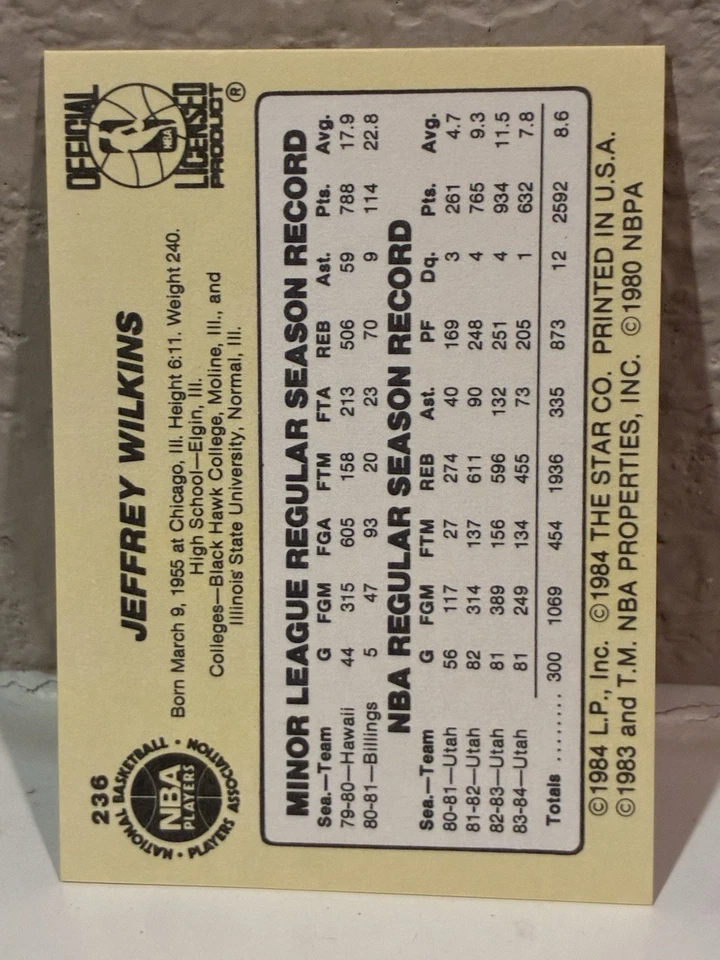 1984-85 Star Jeff Wilkins #236 Utah Jazz NRMT - Image 2 of 2