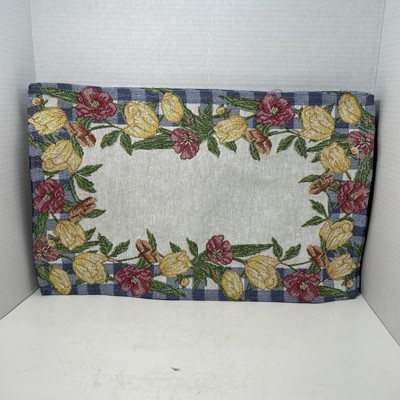 Tulip Flowers Blue White Checked Border Woven Tapestry 19''x12.5'' Placemats Qty 4