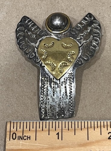 Vtg Artisan Mexico 925 Sterling Yellow Brass Angel Heart Brooch Pendant 18g - Picture 2 of 6