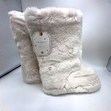 Pottery Barn PB Teen Fur Booties Medium Faux Fur Cozy Slippers In Ivory White
