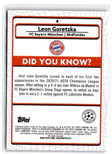 2021-22 Merlin Chrome UEFA Champions Leon Goretzka #4 Aqua Prism Refractor - Picture 2 of 2