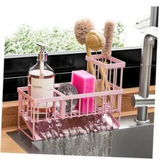  Kitchen Sink Caddy Organzier with High Brush Holder, Sponge Holder 9.25″ Pink