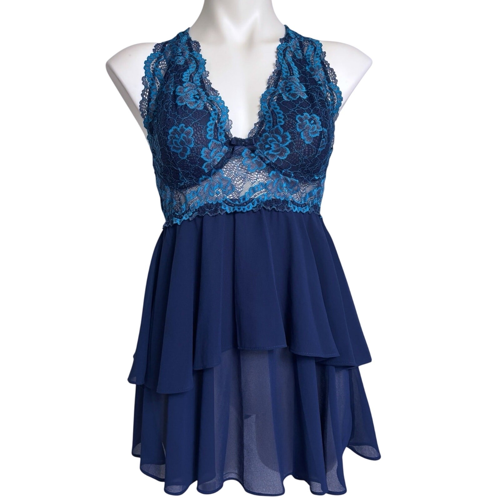 y2k 90s Blue Lace Halter Tiered Slip Dress Sheer Size M Kawaii Coquette Fairy